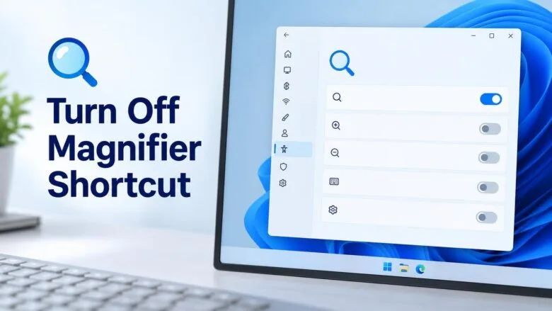 Windows 11 Settings Accessibility page showing Magnifier toggle switches for turning the Win + Plus keyboard shortcut on or off.