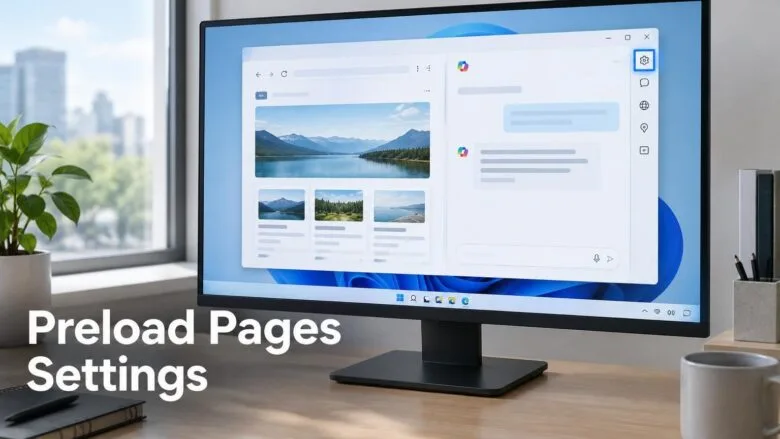 Windows 11 desktop with the Copilot app open beside a chat, showing a web page preview and settings icon for preload pages.