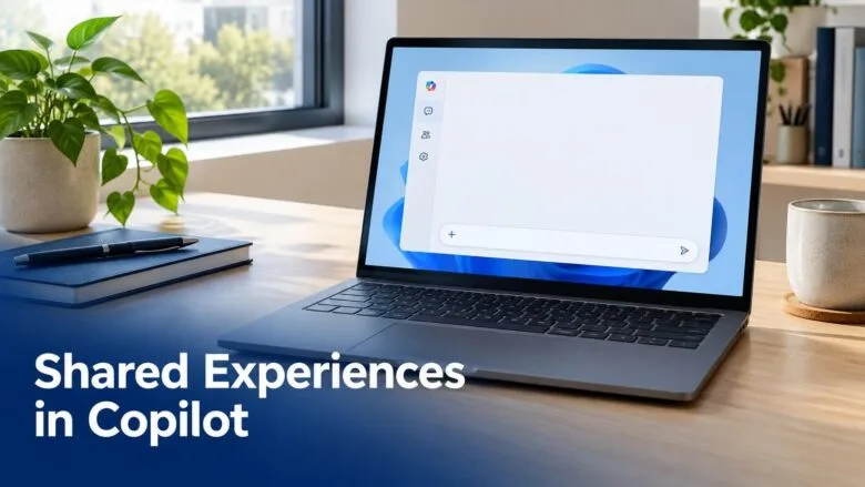 A Windows 11 laptop on a wooden desk displaying a Copilot chat window, illustrating the shared experiences settings in Microsoft Copilot.