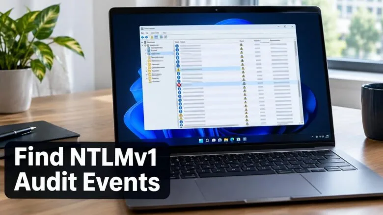 Windows 11 Event Viewer open on a laptop, showing a list of log entries with warning and error icons highlighted for NTLMv1 audit events.