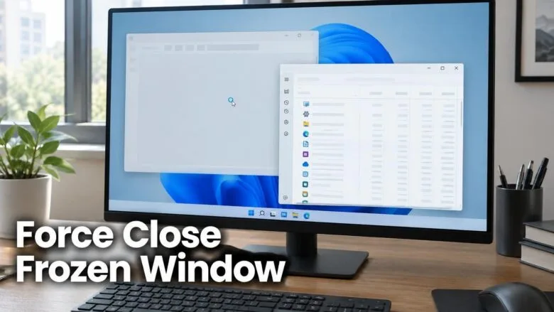 A frozen Windows 11 window appearing pale on screen beside the Task Manager window, showing how to force close an app that is not responding.