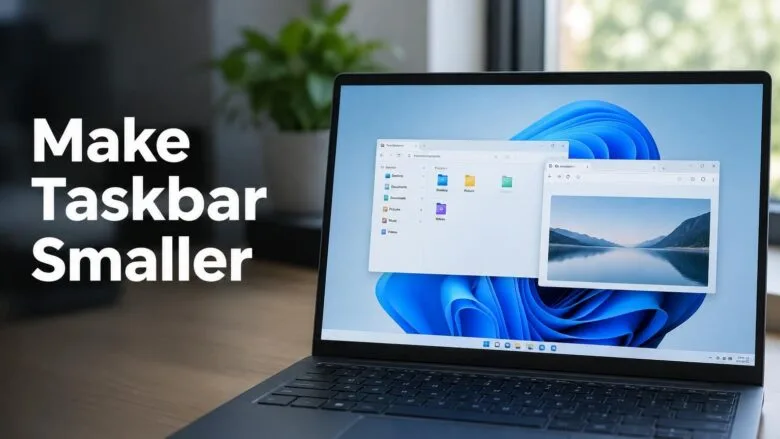 Windows 11 desktop on a laptop showing a slim, compact taskbar with small icons along the bottom edge.