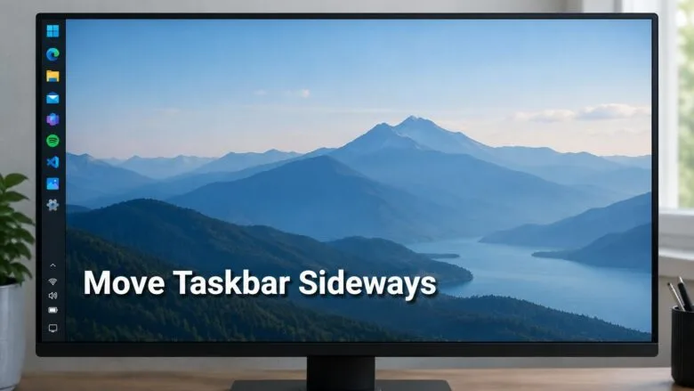 A Windows 11 desktop with the taskbar moved to the left edge of the screen, showing app icons along the side.