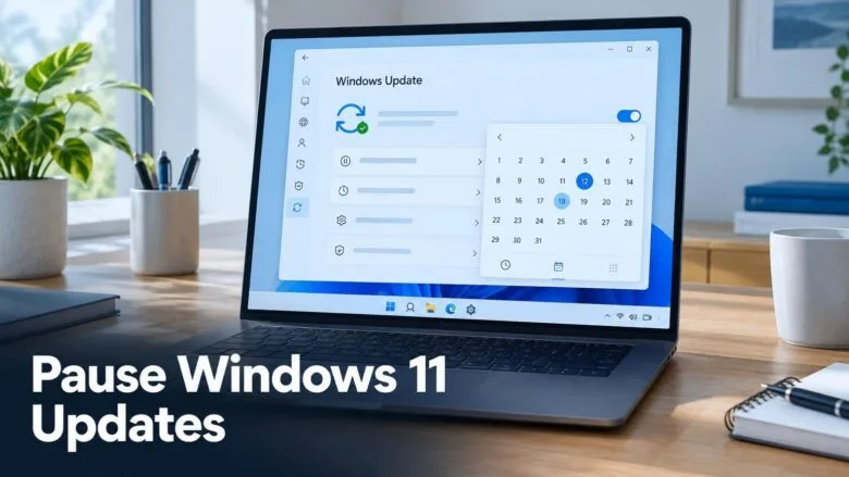 A Windows 11 Settings window on a laptop showing a calendar date picker for pausing Windows Update on a laptop desk.