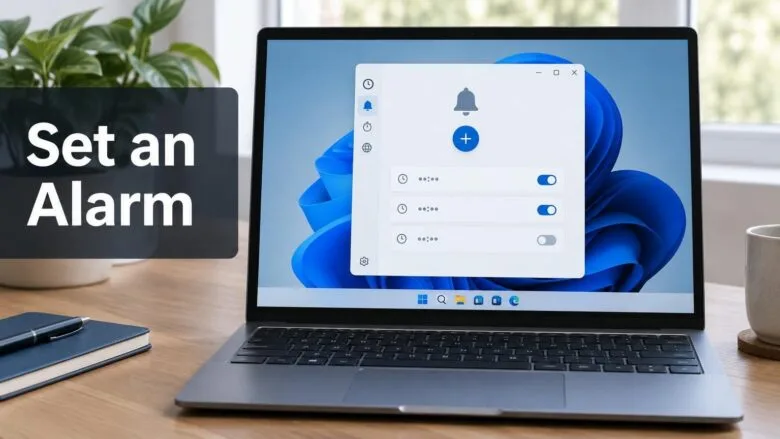 A Windows 11 laptop with the Clock app open, showing an alarm bell icon and add button, illustrating how to set an alarm in Windows 11.