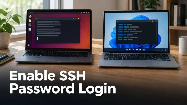 Ubuntu laptop with a terminal and padlock icon beside a Windows 11 laptop, illustrating SSH password login setup.