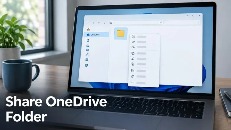 Windows 11 File Explorer showing a OneDrive folder selected with a right-click menu open, illustrating how to share a OneDrive folder.