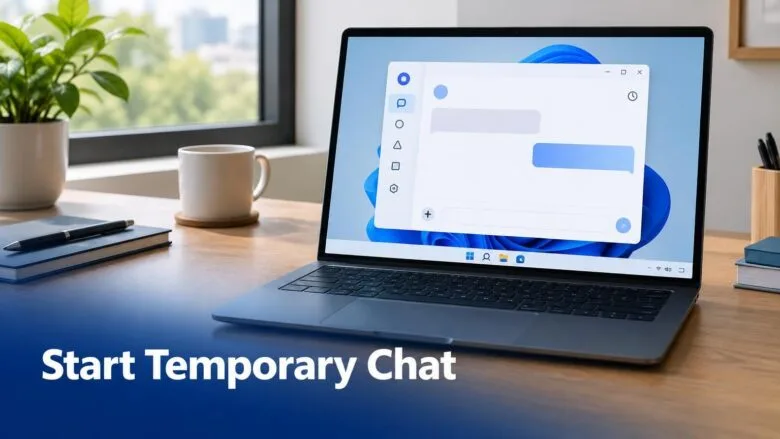 A Windows 11 laptop showing an AI chat window with a temporary chat clock icon, illustrating how to start a temporary chat with Copilot.