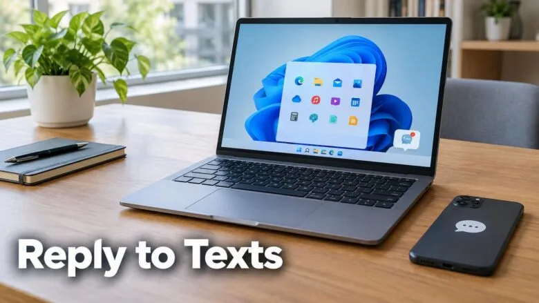 A laptop running Windows 11 beside a smartphone, showing how Phone Link lets you reply to texts from your PC.