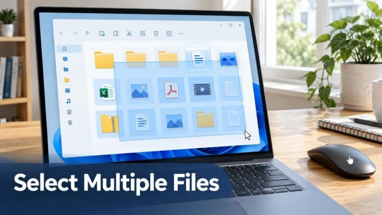 Windows 11 File Explorer showing a blue selection rectangle dragged across a grid of folder and file icons, with several items highlighted.