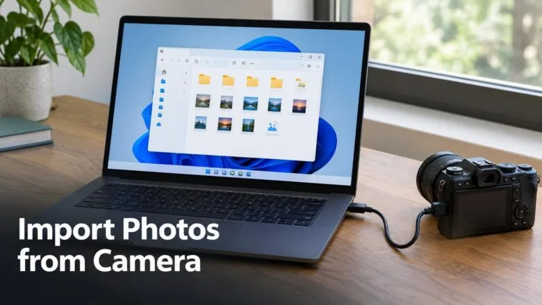 A laptop running Windows 11 connected by USB cable to a digital camera, showing how to import photos from a camera to a PC.