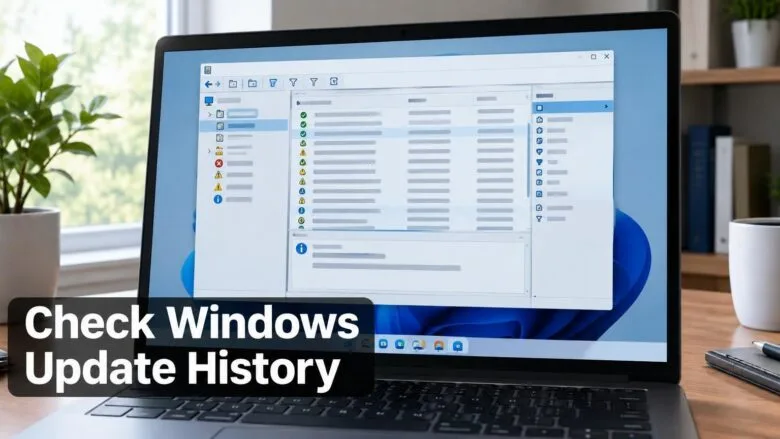 A Windows 11 laptop displaying the Event Viewer window with rows of update log entries and status icons.
