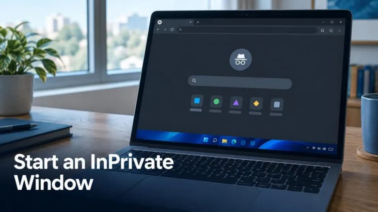 Microsoft Edge running in an InPrivate browsing window on a Windows 11 laptop, showing how to start private browsing.