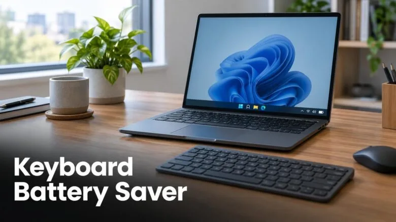 A Windows 11 laptop and wireless keyboard on a desk, illustrating how to save keyboard battery power on Windows 11.
