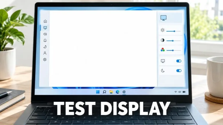 Windows 11 laptop with white test screen displayed for checking display quality and detecting dead pixels.