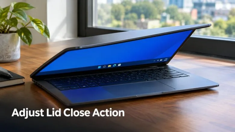 A Windows 11 laptop being closed on a desk by a window, illustrating how to adjust what happens when the lid closes.
