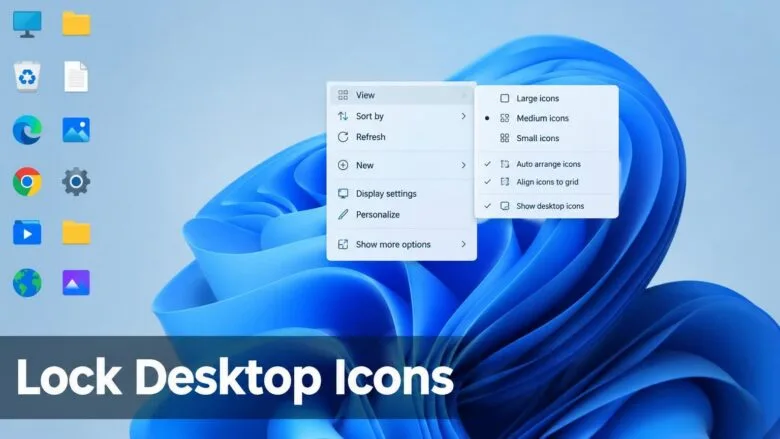 A Windows 11 desktop with neatly arranged icons and the View menu open, showing how to keep desktop icons in place.