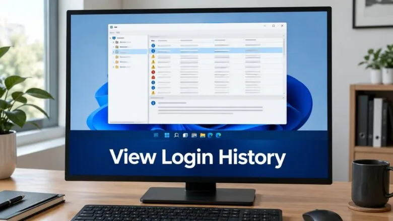 A Windows 11 PC monitor displaying Event Viewer with a list of security log entries, showing how to check login history.