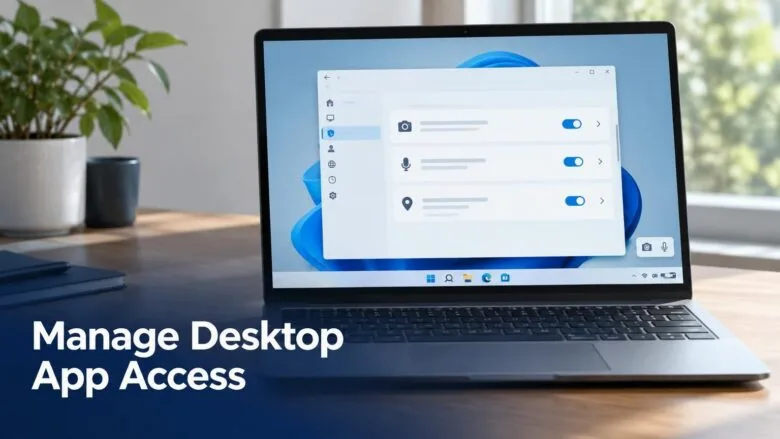 Windows 11 Settings privacy page on a laptop showing toggle switches for camera, microphone, and location access for desktop apps.
