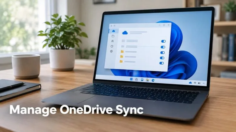A Windows 11 laptop on a wooden desk showing the OneDrive cloud icon in the taskbar and an open OneDrive settings window.