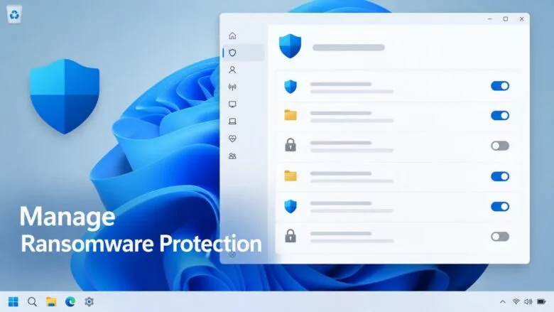 Windows 11 Security settings panel showing shield, folder, and lock icons used to manage ransomware protection controls on a desktop.
