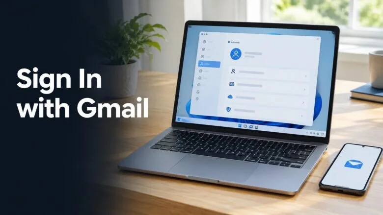Windows 11 laptop with Settings open beside a phone showing an email icon, illustrating how to sign in to Microsoft with Gmail.