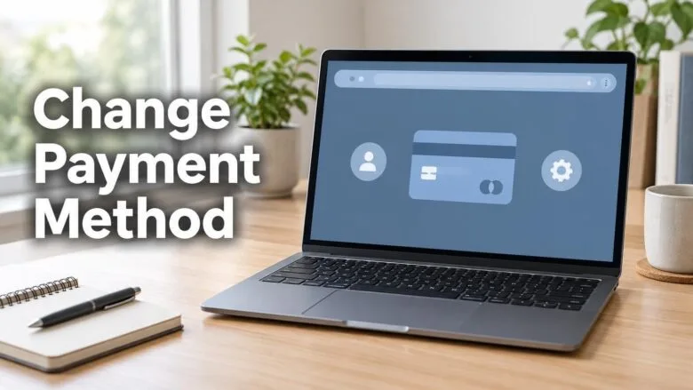A Windows 11 laptop on a wooden desk showing a web page with a credit card icon, illustrating how to change a Microsoft account payment method.