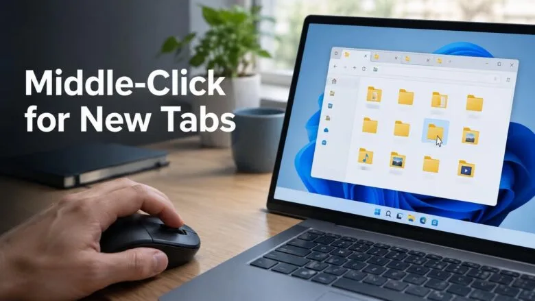 Hand middle-clicking a folder in a Windows 11 File Explorer window to open it in a new tab.