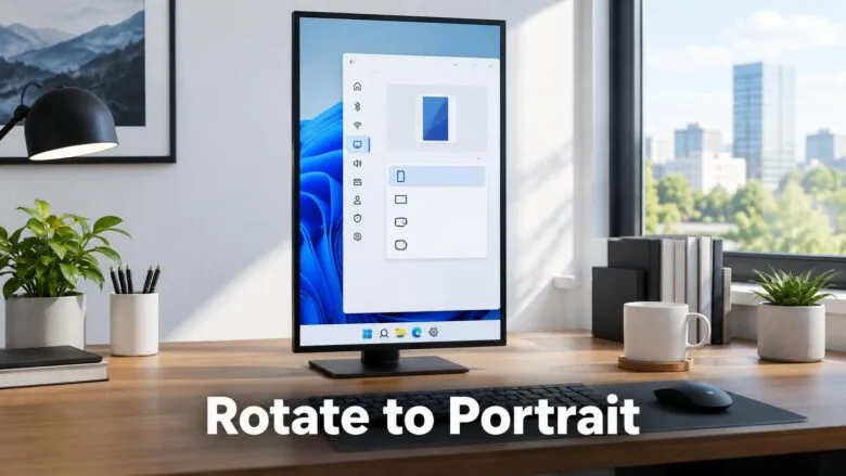 Windows 11 Settings Display panel with a monitor rotated to portrait orientation on a desk.