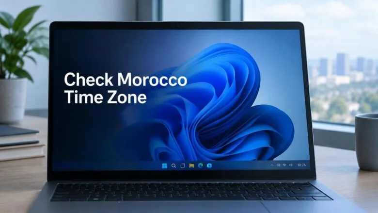 A Windows 11 laptop desktop with the taskbar clock visible, illustrating how to check the Morocco time zone setting.