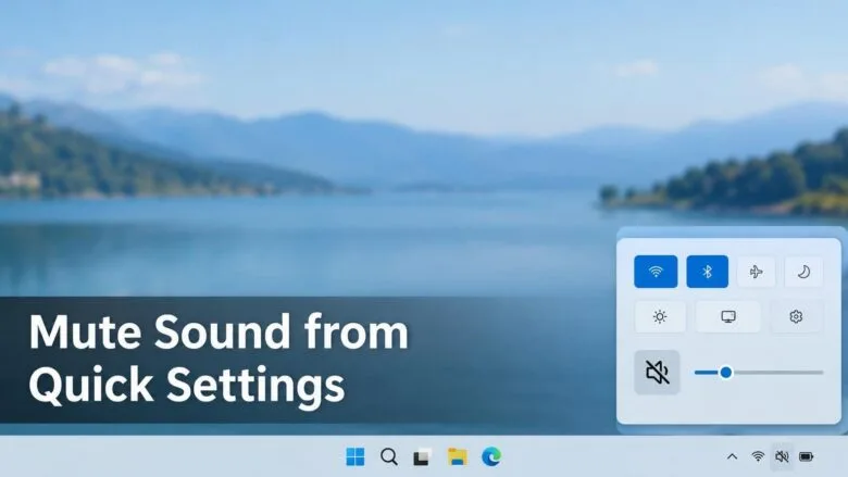 Windows 11 desktop with the Quick Settings panel open and the speaker mute icon highlighted beside the volume slider.