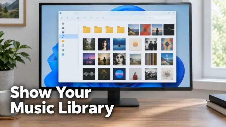 Windows 11 File Explorer window with the Libraries entry showing in the left pane, displaying the Music library on a clean desktop.