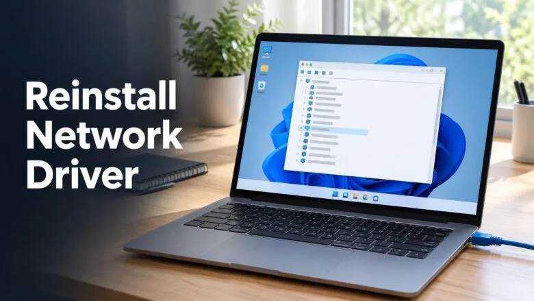 Windows 11 laptop on a desk showing Device Manager with network adapters, illustrating how to reinstall a network driver.