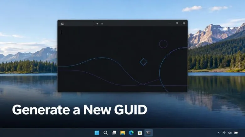 Windows 11 desktop with a PowerShell window open, illustrating how to generate a new GUID with PowerShell.