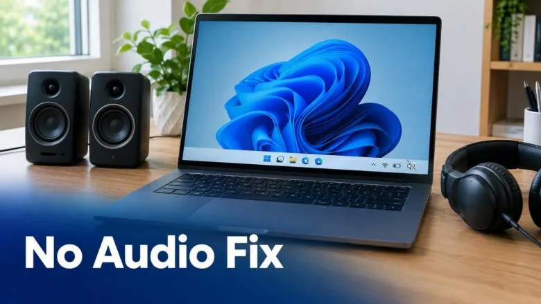 Windows 11 desktop with a muted speaker icon on the taskbar beside speakers and a headset, illustrating how to fix no audio.