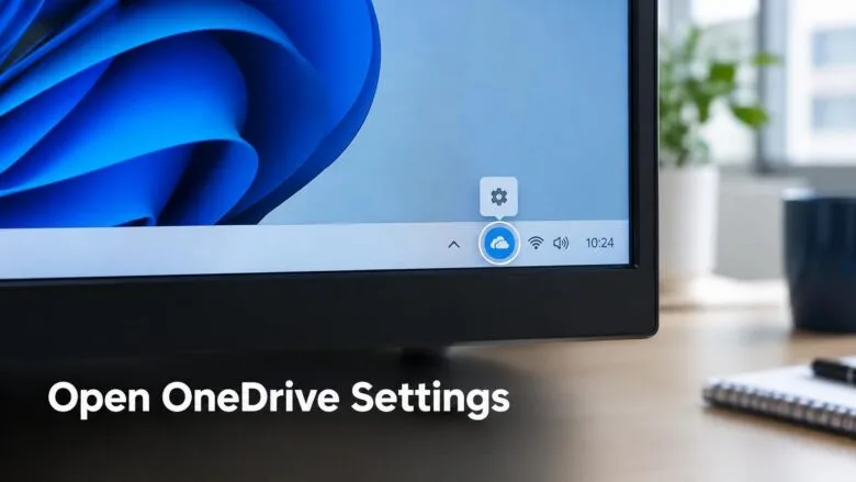 Windows 11 taskbar with the OneDrive cloud icon highlighted in the system tray, showing how to open OneDrive settings.