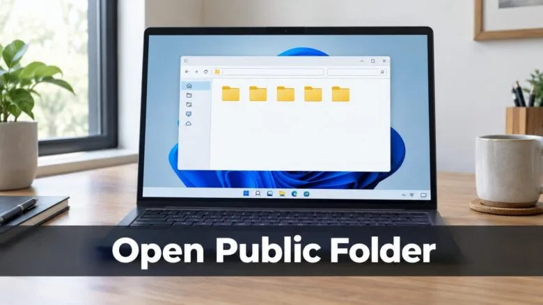 A Windows 11 desktop with File Explorer open to a row of yellow folders, showing how to open the Public folder on a PC.