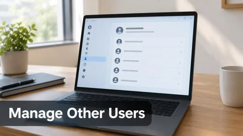 A Windows 11 laptop showing the Settings window with user account icons, illustrating how to add or remove other users accounts.