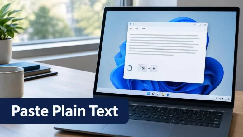 A Windows 11 laptop showing a text editor, illustrating how to paste plain text with Ctrl + Shift + V without copied formatting.