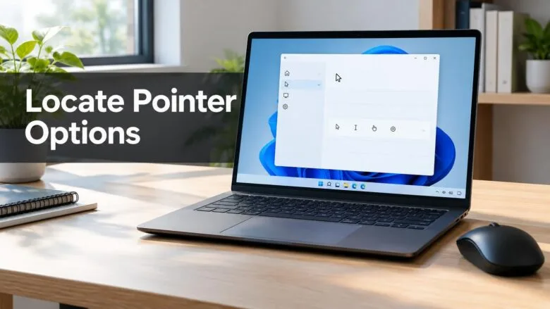 A Windows 11 desktop with a mouse and laptop on a home office desk, showing the mouse settings window used to locate pointer options.