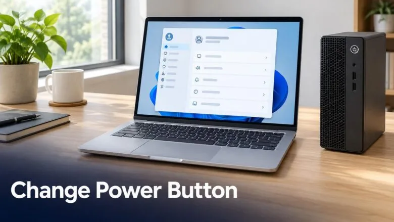A Windows 11 laptop beside a desktop PC, showing the Settings app open to options for changing what the physical power button does.