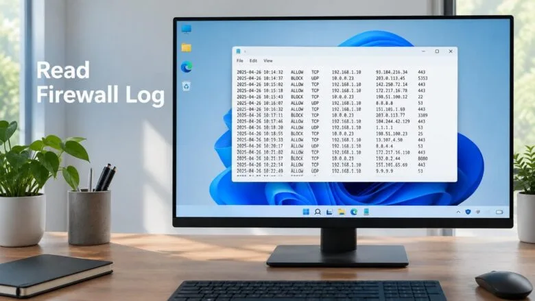 A Windows 11 desktop with a plain text log open in Notepad, illustrating how to read the Windows Firewall log file.