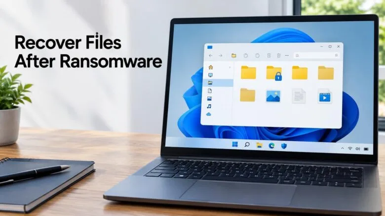 A Windows 11 laptop showing a locked folder and a Defender shield, illustrating how to recover files after ransomware.
