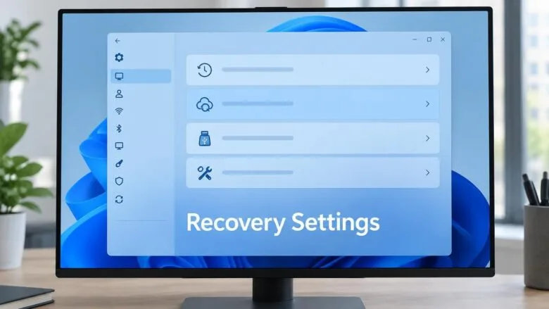 Windows 11 Settings window displaying the Recovery section with the title "Recovery Settings" overlaid in large white text.