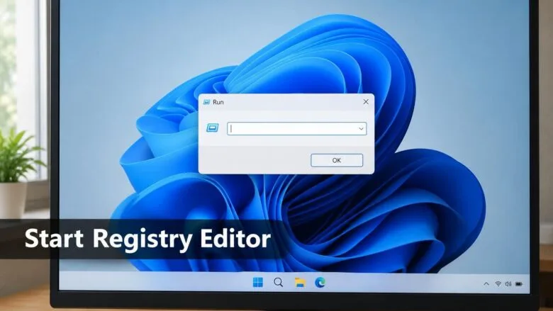 Windows 11 desktop with the Run dialog open, ready to launch the Registry Editor (regedit) for editing Windows settings.