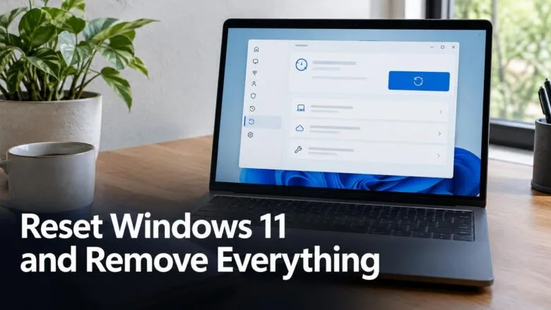 Windows 11 Recovery settings screen on a laptop, showing the Reset PC option used to remove everything and reinstall Windows.