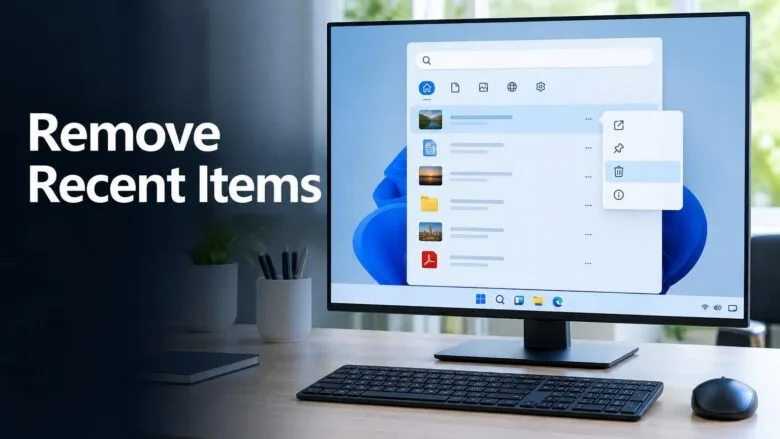 Windows 11 Search panel showing recent items, with a right-click menu open beside one entry to remove it from the list.