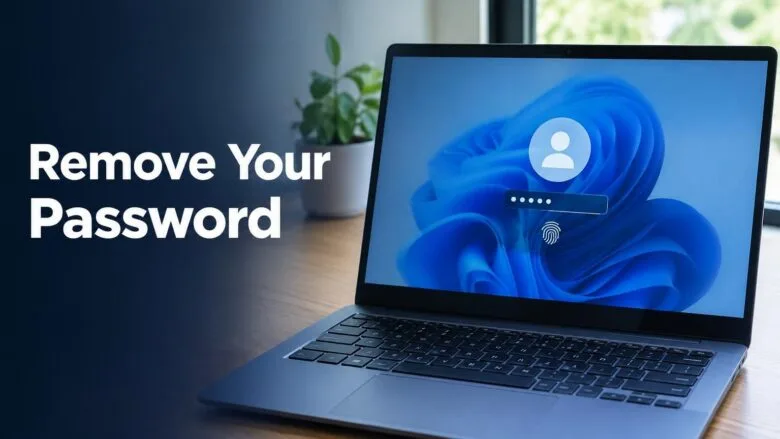 A Windows 11 sign-in screen on a laptop showing a PIN entry field and fingerprint icon, illustrating how to remove the password from Windows Hello sign-in.
