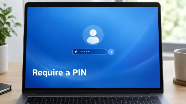 A Windows 11 laptop showing a PIN sign-in screen, illustrating how to require a PIN when the PC wakes from sleep.