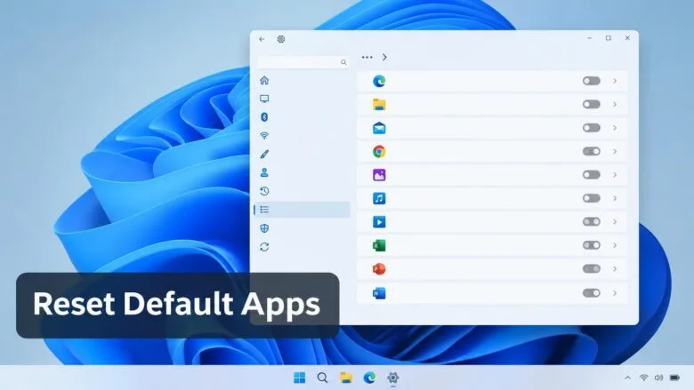 Windows 11 Settings Default apps page on a desktop, showing how to reset default apps to Microsoft's recommended choices.